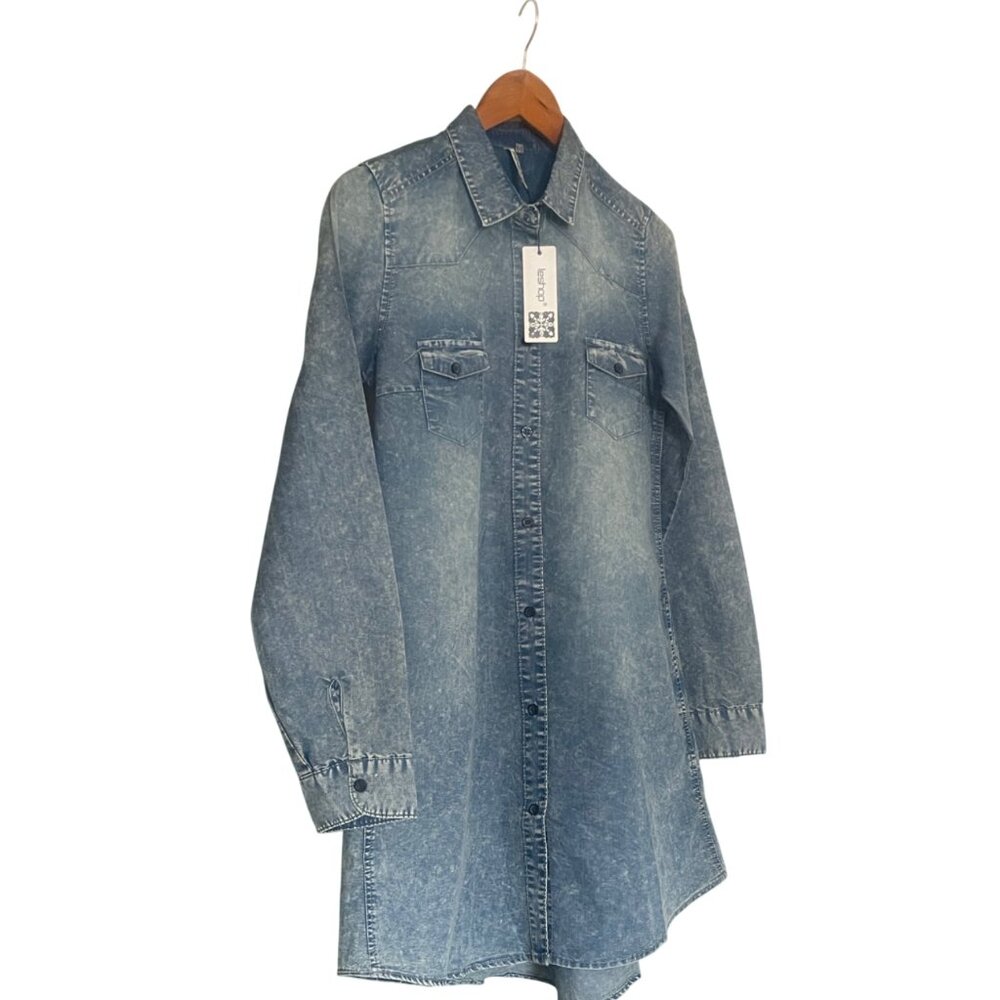 Leshop Oversized Long Sleeve Button Down Acid Wash Fit & Flare Denim Shirt S - Picture 3 of 5